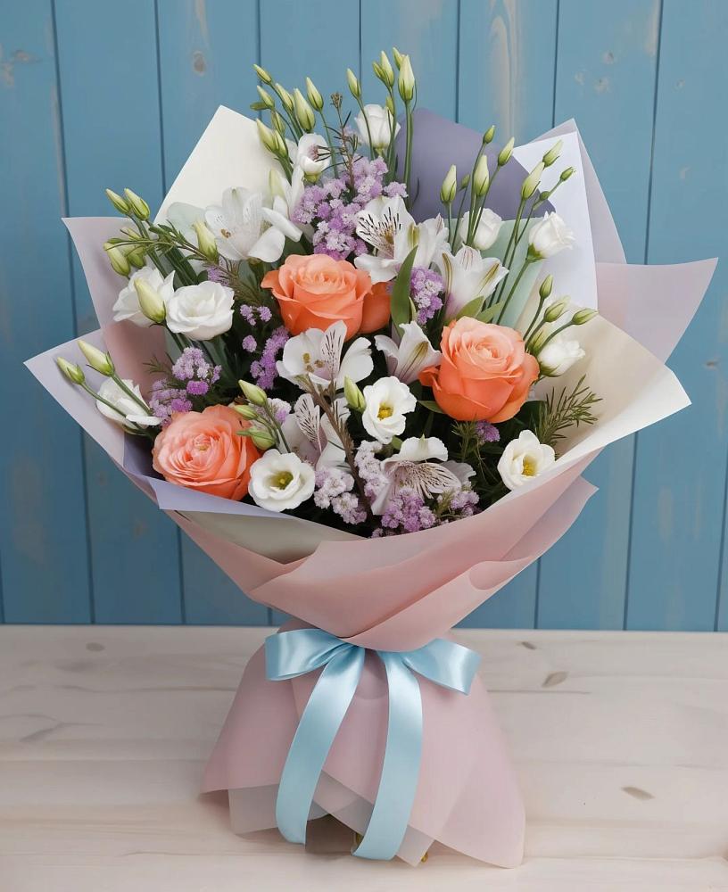 Букет цветов из: Лизиантусы, Розы, Альстромерии и Гипсофила в Митрополье