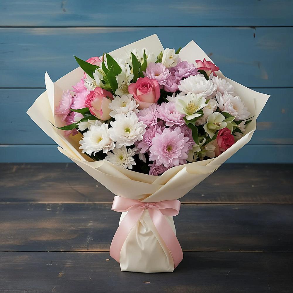 Букет цветов из: Хризантемы, Альстромерии и Розы в Митрополье